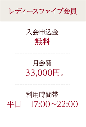 レディースファイブ会員 入会申込金 無料 月会費 30,000円+税 利用時間帯 平日 17:00?22:00